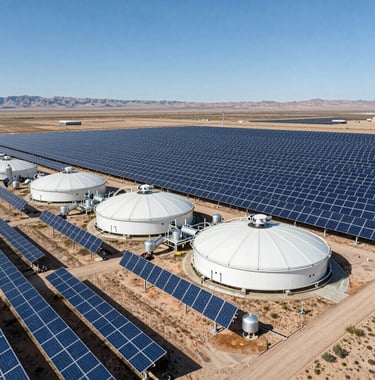 An aerial photograph of a large-scale solar farm integrated with a green hydrogen production facility in the Southwestern US. The composition shows the vast rows of blue panels and silver infrastructure under a brilliant clear sky, emphasizing scale and innovation.