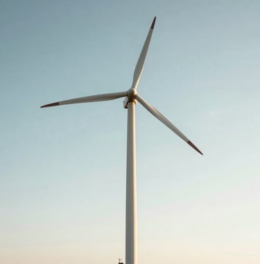 A low-angle shot of a wind turbine spinning against a bright, clear sky on a North American plain, representing a commitment to renewable energy resources.