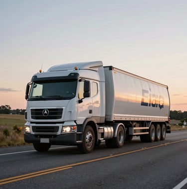 A professional photograph of a modern heavy-duty freight truck driving through a scenic highway in North America during the golden hour, symbolizing clean transport.