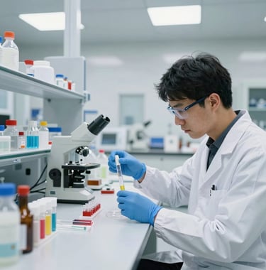 A professional photograph of a high-tech lab interior in North America where scientists are testing fuel samples in a clean, modern workspace with bright white lighting.