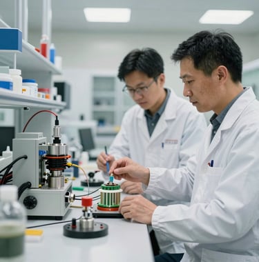 Engineers in professional attire working with high-tech sustainable fuel components in a bright, clean North American / US laboratory environment. The atmosphere is innovative and trustworthy.
