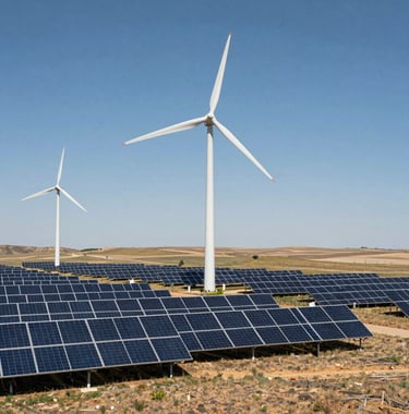A scenic view of a sustainable energy farm with wind turbines and solar panels integrated into a North American / US rural landscape. Crisp, professional photography with a focus on environmental responsibility.