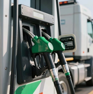 A close-up photograph of a modern, green fuel pump nozzle being used to refuel a heavy-duty transport truck at a clean, professional service station in North America. The lighting is bright daylight, highlighting the metallic textures and vibrant green accents.