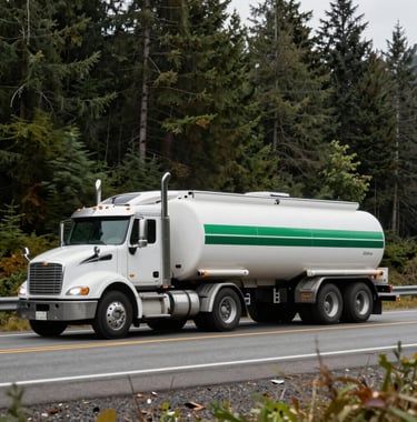 A sleek, white and green fuel tanker truck driving along a scenic highway in the North American Pacific Northwest, surrounded by lush evergreen forests. The photography is crisp, capturing the movement and the clean branding on the side of the truck.