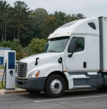 A clean, modern electric semi-truck charging at a solar-powered station in a North American / US logistics hub. Soft daylight, professional composition, forest green and pale blue-grey tones.