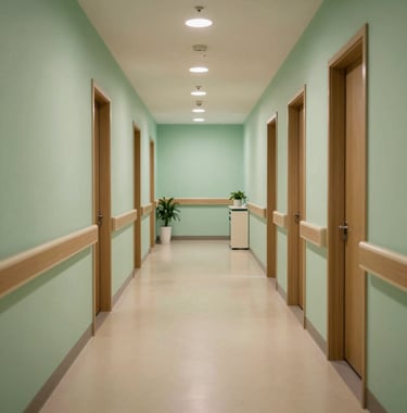 Photography of a modern clinical hallway in Southeast Asia, with clean floors, soft green walls, and warm lighting, creating a calm healthcare environment.