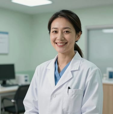 A professional portrait of a female Southeast Asian doctor in a white coat, smiling warmly in a bright, modern medical office environment with soft green accents.