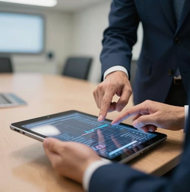 Close-up of professional Brazilian hands pointing at strategic data on a tablet in a boardroom setting with navy blue tones. Soft focus background of a hospital meeting room.