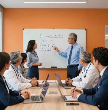 A diverse group of South American healthcare executives in a professional meeting, looking at a whiteboard. Corporate lighting, orange and blue color palette throughout the room.