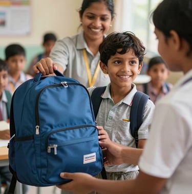 A high-quality photo of a South Asian child smiling while receiving a new backpack and school supplies from a foundation volunteer.