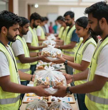 An action shot of South Asian volunteers handing out food packages during a relief drive, showing professional dedication.