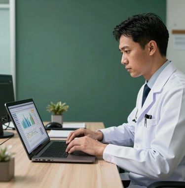 A professional Indonesian medical officer using a laptop in a clean office, displaying health data charts, steel grey and dark green office environment, natural lighting.