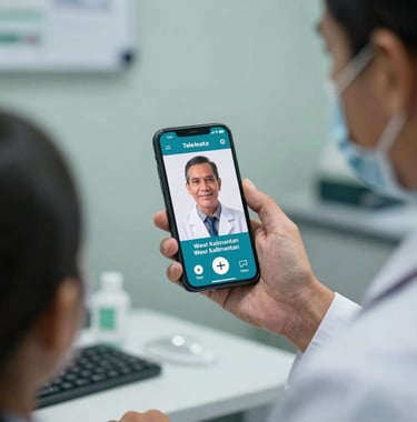 An Indonesian doctor in West Kalimantan holding a smartphone showing a telemedicine interface, interacting with the screen, professional clinic background.