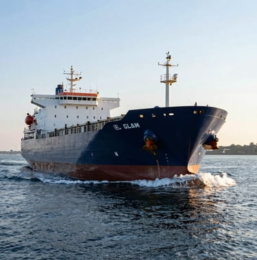 A cinematic shot of a large cargo vessel painted dark navy blue entering the Gdansk harbor. The water is a deep dusty blue with white foam at the bow, captured during the clear soft white light of early morning.