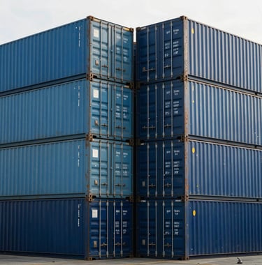 A creative, high-contrast photograph of massive steel shipping containers stacked in the shipyard. The containers are primarily steel blue and dark navy blue, arranged in a geometric pattern under a soft white sky.