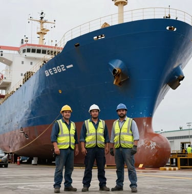 Skilled port workers in professional gear standing before a massive steel blue hull of a ship under construction.