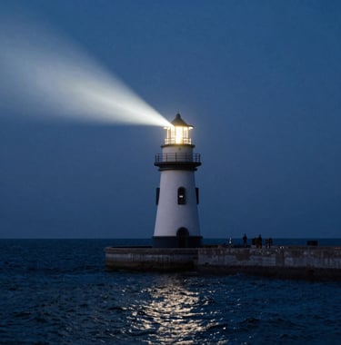 A cinematic shot of the old port lighthouse at twilight, casting a bright cloud white beam over the dark navy blue sea.