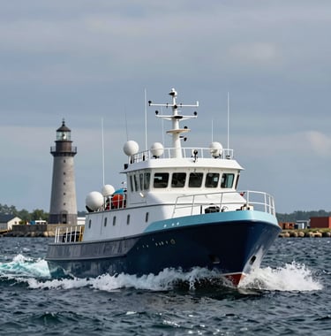 A cinematic shot of a pilot boat cutting through the Baltic Sea waves near the Gdansk harbor entrance. The boat is painted in Dark Navy and Pale Mist Blue. The spray of the water is a crisp Pale Mist Blue, and the background shows the Soft Steel Grey lighthouse tower against a Muted Slate Blue morning sky.
