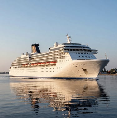 A sleek white cruise liner entering the Gdansk bay at dawn, mirrored in the calm silver blue water.