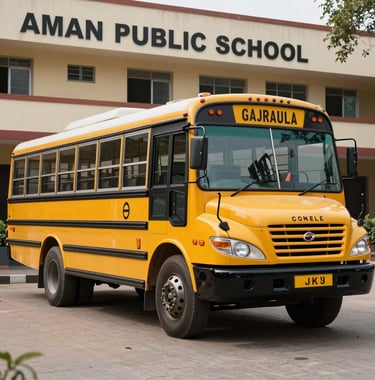 A professional shot of a yellow school bus parked in front of Aman Public School in Gajraula. The environment is safe and orderly, representing the institution's transport facility.