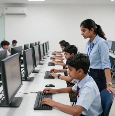 A clean and modern school computer lab in India with rows of monitors. South Asian students are focused on their work, guided by a teacher. The room is brightly lit with white walls.