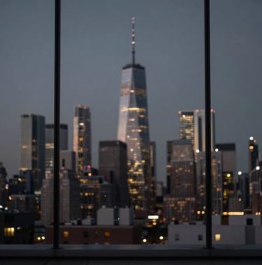 Distant view of a modern city skyline at night through a heavy glass pane, dark gray and black tones, soft bokeh, North American / International Business context, cinematic and calm.