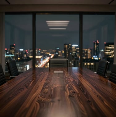 A cinematic, low-light photograph of a high-end, empty boardroom overlooking a city at night. Only the faint outline of a polished dark wood table is visible, reflecting the distant city lights in grey and gold tones.