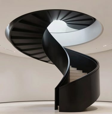 Minimalist photography of a modern staircase spiraling into shadow, architectural precision, clean lines, black and off-white tones, North American / International Business setting.