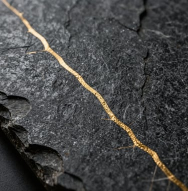 Close-up photography of a dark stone texture with one thin vein of gold, cinematic lighting, editorial style, high-end material, reflecting authority and precision.