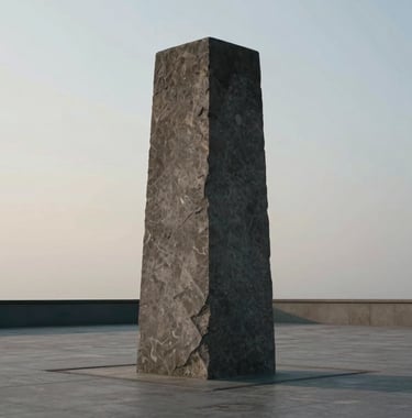 A wide, abstract photograph of a dark stone monolith in a minimalist plaza. The lighting is editorial and somber, emphasizing permanence and authority.