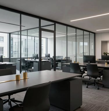 A clean, wide-angle shot of a modern glass-partitioned corporate workspace in London. Minimalist dark gray furniture, metallic gold desk accessories, and a professional, uncluttered atmosphere.