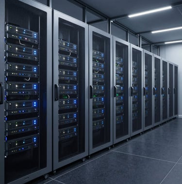 A professional wide-angle shot of a high-tech data center. Metallic silver server racks line a clean, dark charcoal floor, lit with subtle white and blue indicators, representing IT consultancy and infrastructure.