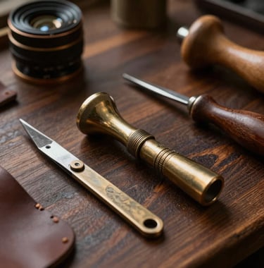 Detailed shot of artisanal leather working tools on a dark oak workbench in a North American studio, soft golden light hitting metallic bronze details, premium craftsmanship aesthetic.