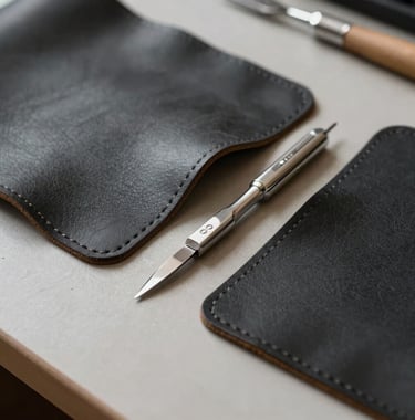 A detailed macro photograph of premium dark charcoal leather hides and polished silver crafting tools on a minimalist workbench. Soft, natural lighting in a North American / Western European design studio.