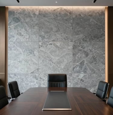Cinematic photography of a minimalist executive boardroom with a silver stone wall and subtle metallic bronze lighting. Sophisticated and authoritative North American corporate setting.