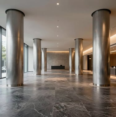 A wide, low-angle shot of a minimalist corporate lobby in North America, featuring silver metal pillars, charcoal marble floors, and a soft golden glow from recessed architectural lighting.