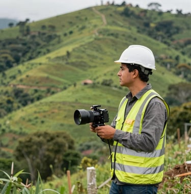 A professional surveyor in safety gear working on a lush green Colombian hillside, capturing the active development and growth of the project.