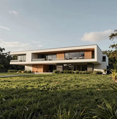 Elegant architecture sketch of a modern villa placed on a real-life photograph of a Colombian grassy lot, showing potential and vision.