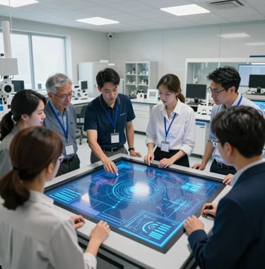 A high-angle photograph of a collaborative group of professionals in a bright, modern North American research facility, working around a large interactive touchscreen with blue data visualizations.