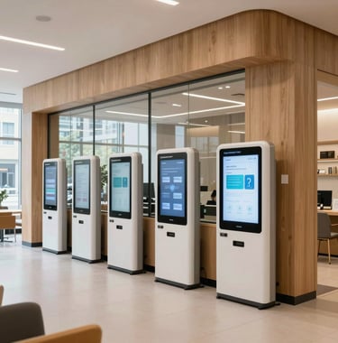 A high-quality photo of a modern community center interior in a North American urban area, featuring light wood, glass, and digital information kiosks, symbolizing smart development.