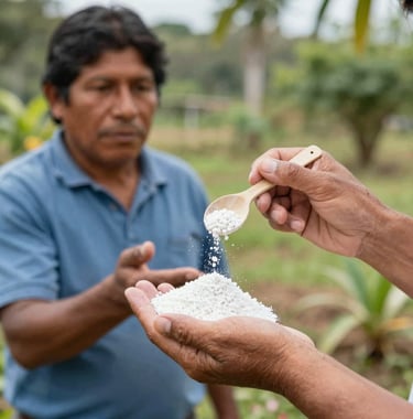 Hands of a South American agricultural specialist showing quality organic fertilizer to a local farmer, educational and professional, outdoor setting.