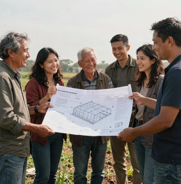 A group of happy local community members standing together in a sunlit field, holding a blueprint of a greenhouse project, smiling, hopeful.