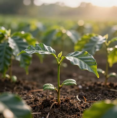 A detailed professional photograph of healthy young coffee bean plants sprouting in a nursery, with soft warm morning light, representing new agricultural beginnings in Colombia.