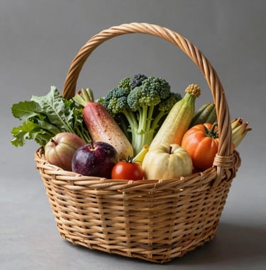 A beautifully crafted traditional Colombian woven basket overflowing with fresh agricultural produce, studio-style natural light.