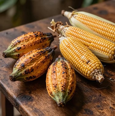 Close-up of a rustic wooden table featuring fresh tropical crops, cacao pods, and maize, symbolizing the agricultural diversity of Colombia, warm earth tones.