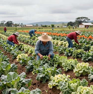 A scenic shot of Colombian farmers working in a vibrant vegetable crop field, cooperative work, bright daylight, professional photography.