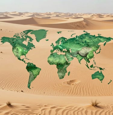 A conceptual digital rendering of a global network connecting green hubs in deserts across different continents, signifying the financial and environmental impact. Uses shades of #306B70 and #9CB887.