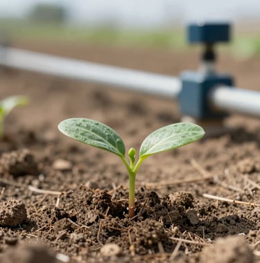 A close-up shot of a seedling emerging from arid soil, with advanced irrigation technology visible in the background. Inspired by #9CB887 and #1C3A2D.