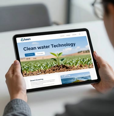 A digital tablet screen displaying a professional presentation about clean water technology and desert greening, held by a person in a modern office. Clean, sharp focus, reflecting a sense of growth and innovation.