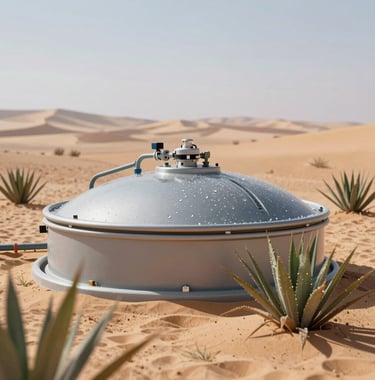 Dynamic image showing a futuristic desalination unit operating in a desert, with healthy green plants growing around it. Sunlight highlights the water droplets, suggesting freshness and sustainability.